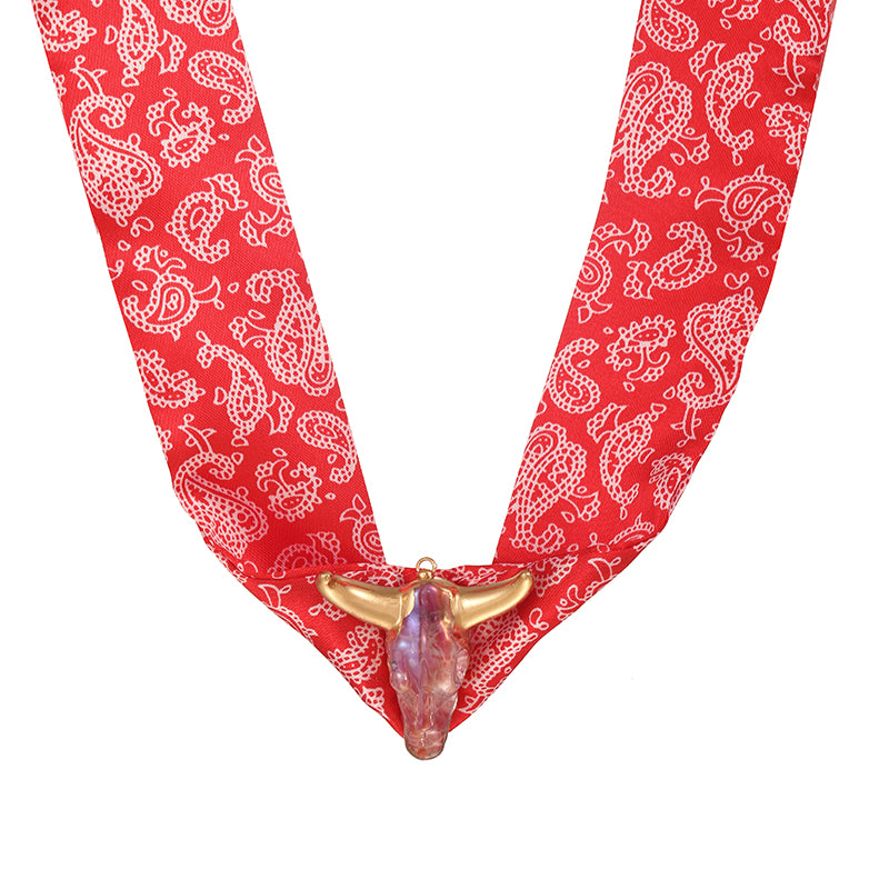 Red Alloy Bull Head Fabric Print Necklace