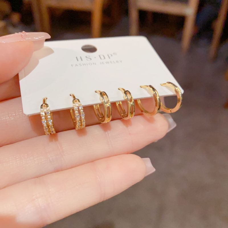 Gold-diamond-encrusted Metal Three-piece Earrings (thickened Real Gold Electroplating) Copper Diamond Round Earrings