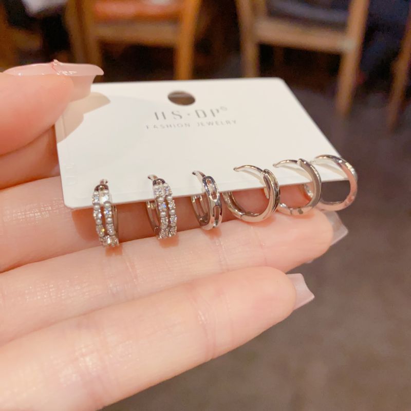 Gold-diamond-encrusted Metal Three-piece Earrings (thickened Real Gold Electroplating) Copper Diamond Round Earrings