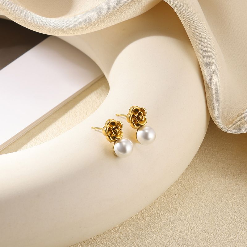 Earring 1# Stainless Steel Brushed Bow Pearl Earrings