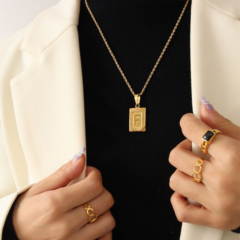 Gold Letter A Necklace 50cm Titanium Steel 26 Letter Square Necklace