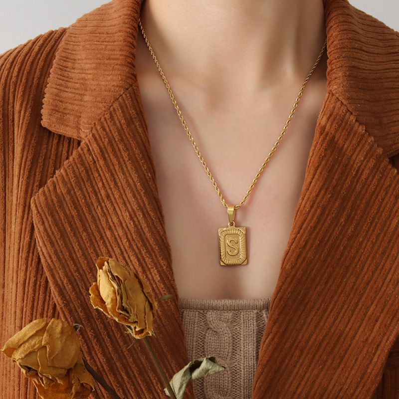 Gold Letter A Necklace 50cm Titanium Steel 26 Letter Square Necklace