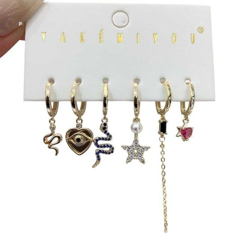 Color Copper Zircon Snake-shaped Heart Chain Earrings 6-piece Set
