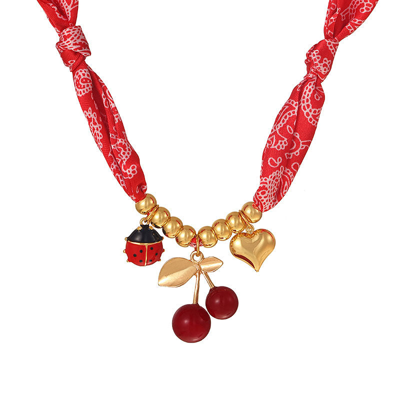Red Titanium Steel Cherry Ladybug Beaded Printed Fabric Necklace (8mm)