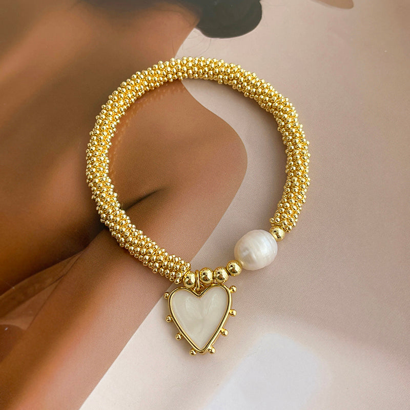 White Oil Dripping Love Freshwater Pearl Beaded Bracelet