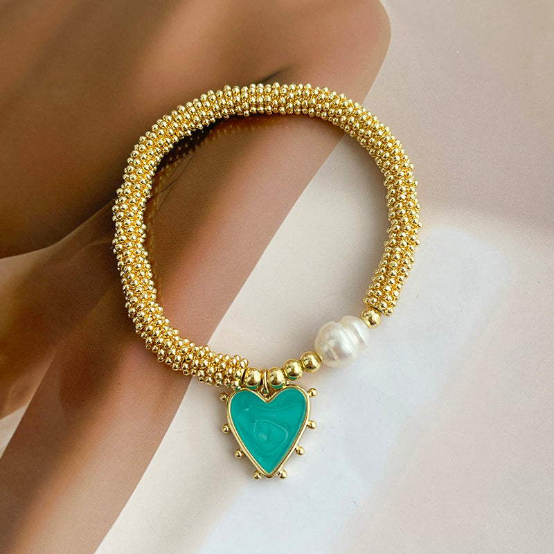 White Oil Dripping Love Freshwater Pearl Beaded Bracelet