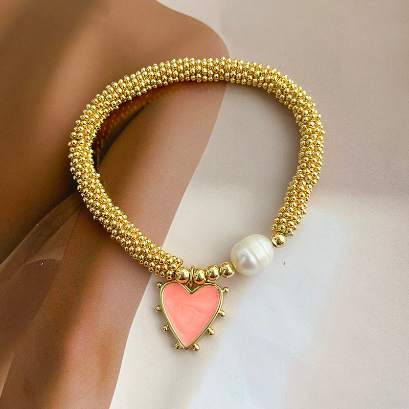 White Oil Dripping Love Freshwater Pearl Beaded Bracelet