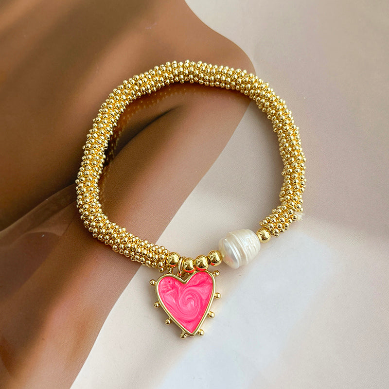White Oil Dripping Love Freshwater Pearl Beaded Bracelet