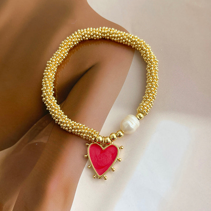 White Oil Dripping Love Freshwater Pearl Beaded Bracelet