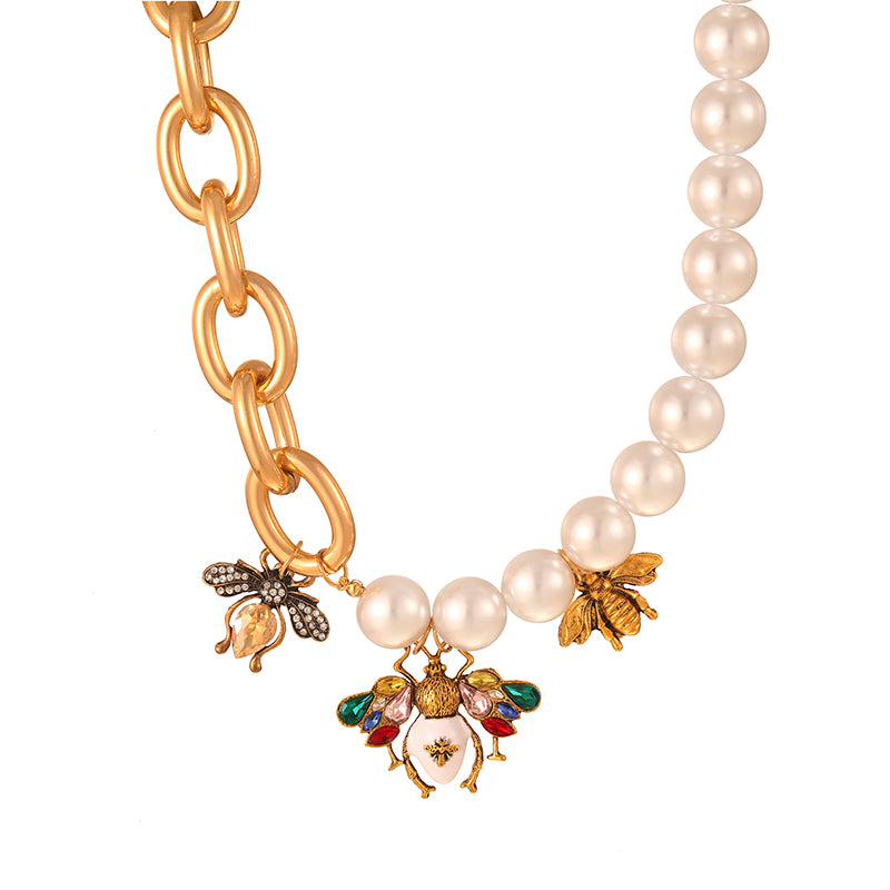 Gold 1 Alloy Diamond Bee Pearl Chain Necklace