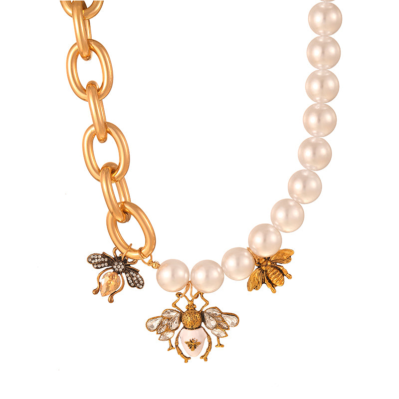 Gold 1 Alloy Diamond Bee Pearl Chain Necklace
