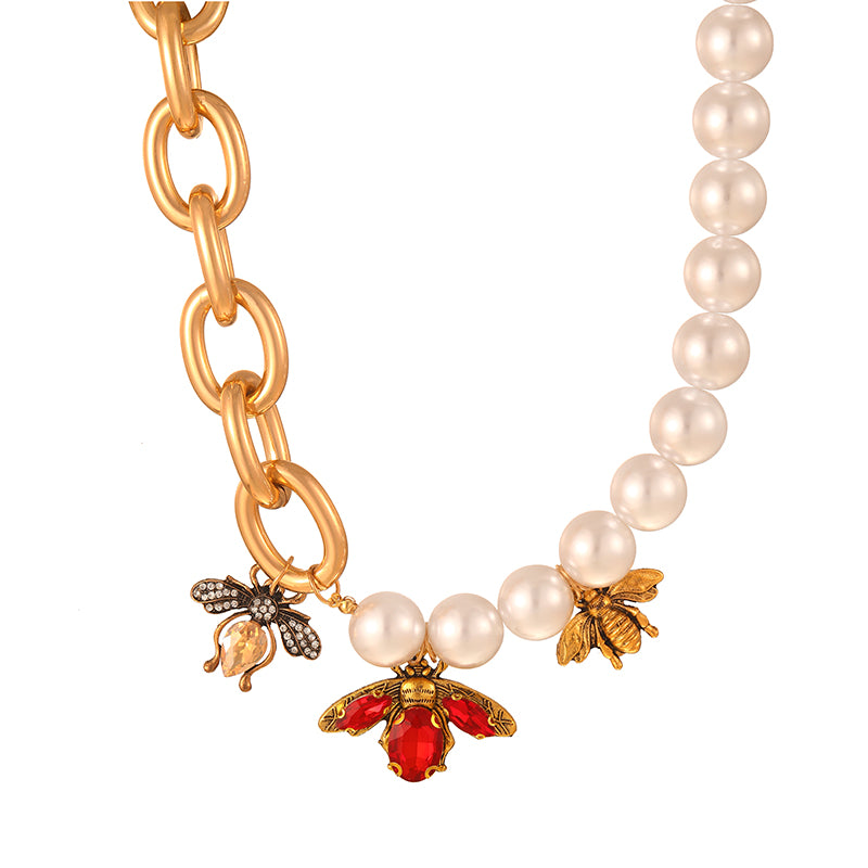 Gold 1 Alloy Diamond Bee Pearl Chain Necklace