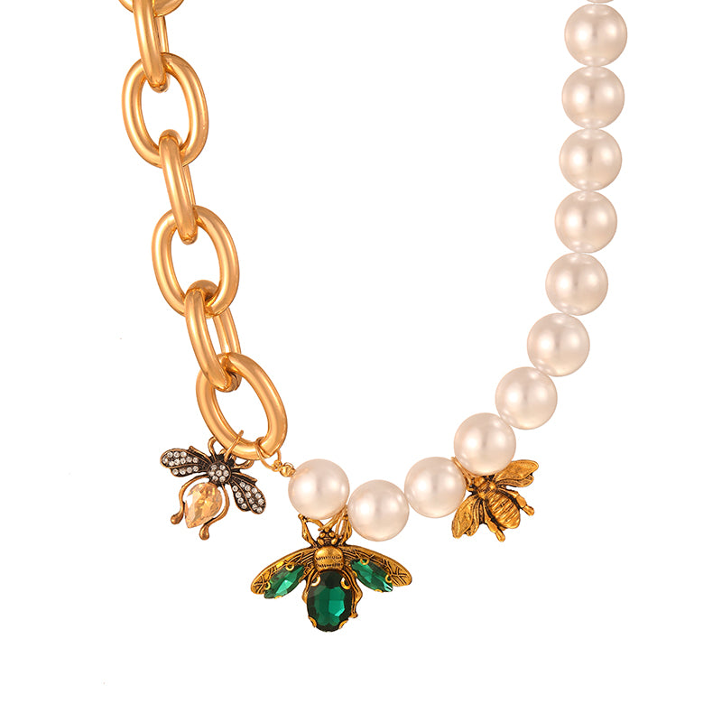 Gold 1 Alloy Diamond Bee Pearl Chain Necklace