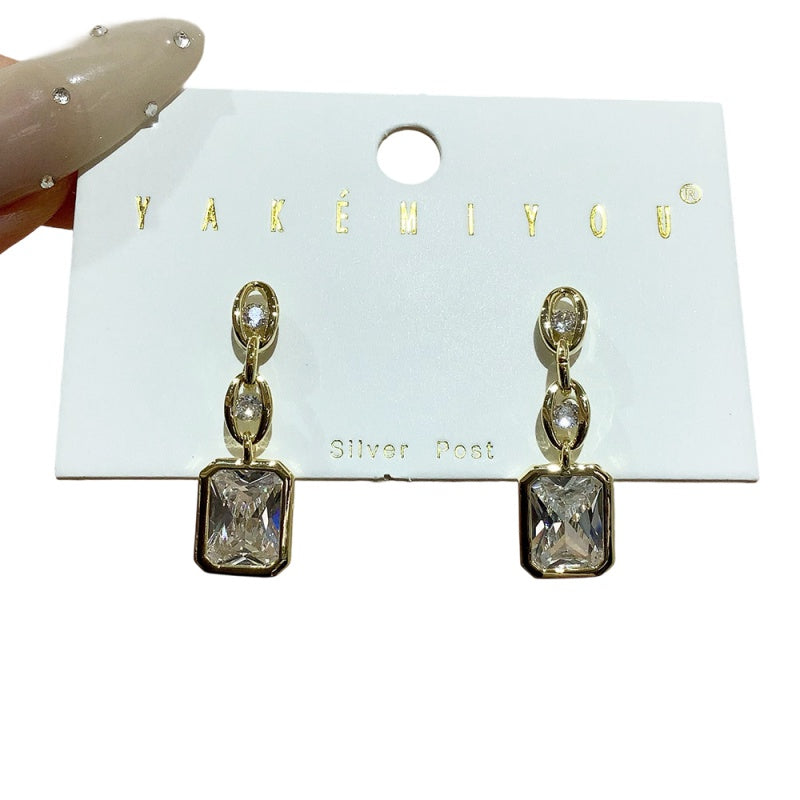Gold Copper Inlaid Zircon Square Earrings