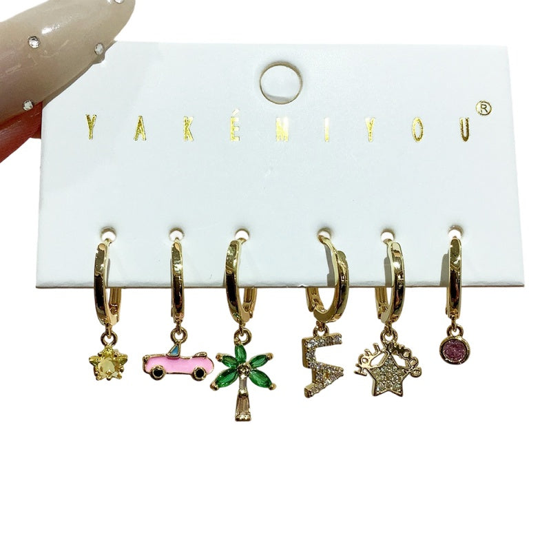 Gold Copper Inlaid Zircon Oil Drop Los Angeles Combination Earrings 6-piece Set