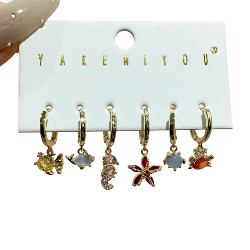 Color Copper And Zircon Ocean Series Pearl Earrings 6-piece Set