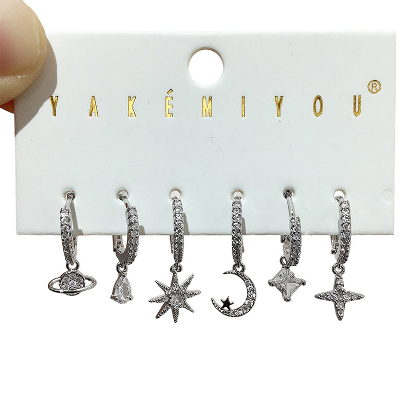 Fashion Gold Set Of 6 Copper Inlaid Zirconia Starburst Crescent Pendant Earrings