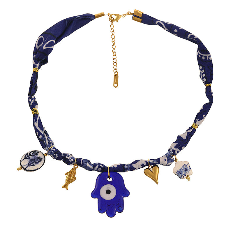 Dark Blue Palm Eye Titanium Steel Fish Ceramic Print Fabric Necklace