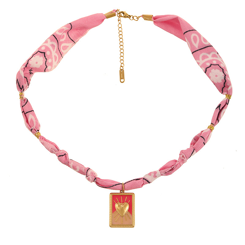 Pink Titanium Steel Oil Drop Square Heart Printed Fabric Necklace