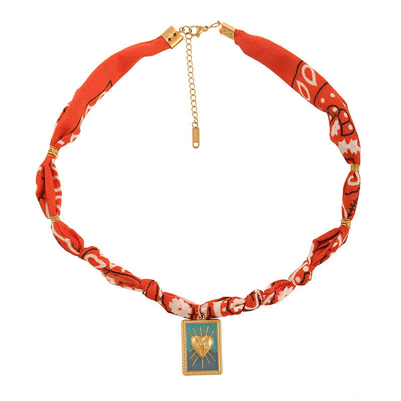 Pink Titanium Steel Oil Drop Square Heart Printed Fabric Necklace