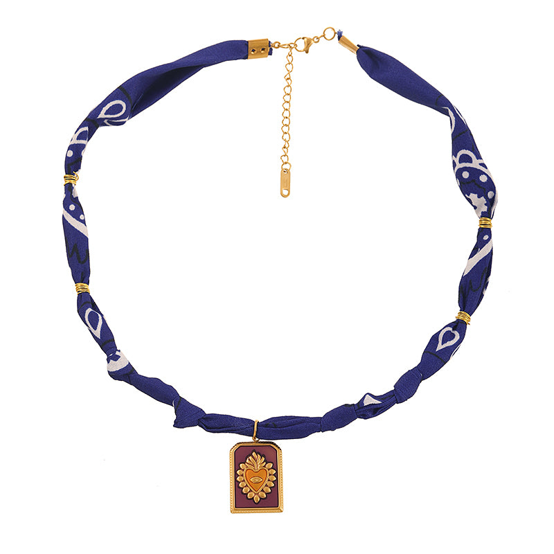 Pink Titanium Steel Oil Drop Square Heart Printed Fabric Necklace