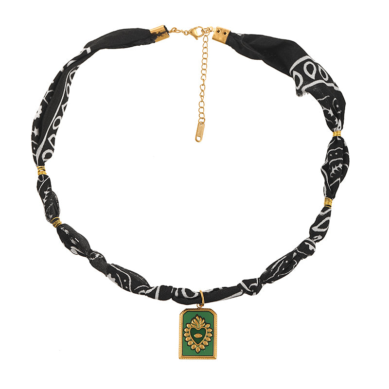 Pink Titanium Steel Oil Drop Square Heart Printed Fabric Necklace