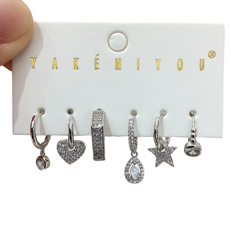 Gold Copper Inlaid Zircon Heart Drop Earrings 6-piece Set