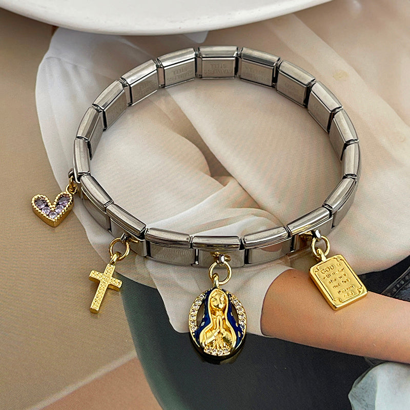 Dark blue Religious Series Titanium Steel Square Modular Bracelet With Zirconium Inlay Oil Drop