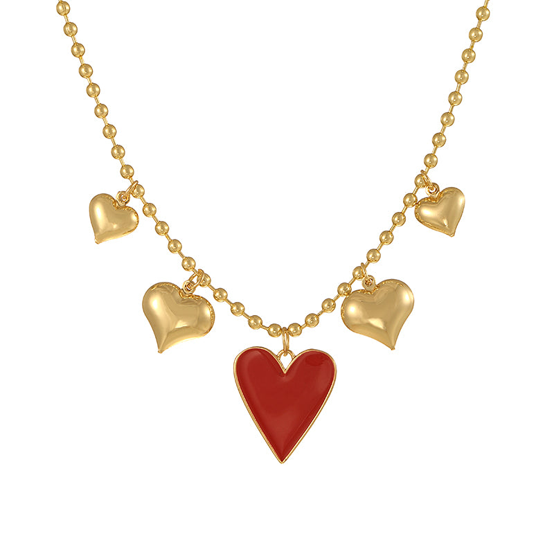 Gold Copper Oil-drip Heart Bead Necklace
