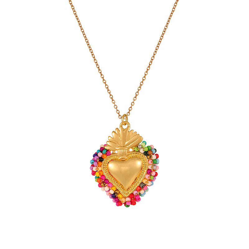 Color 1 Rice Bead Woven Heart Titanium Steel Necklace