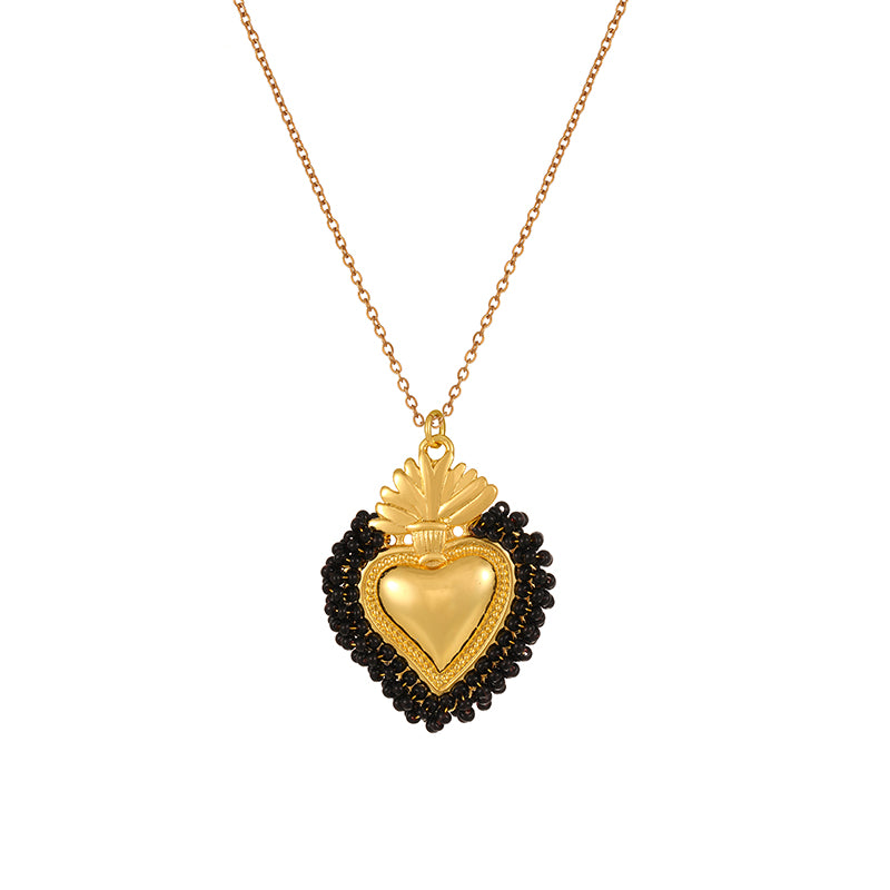 Color 1 Rice Bead Woven Heart Titanium Steel Necklace