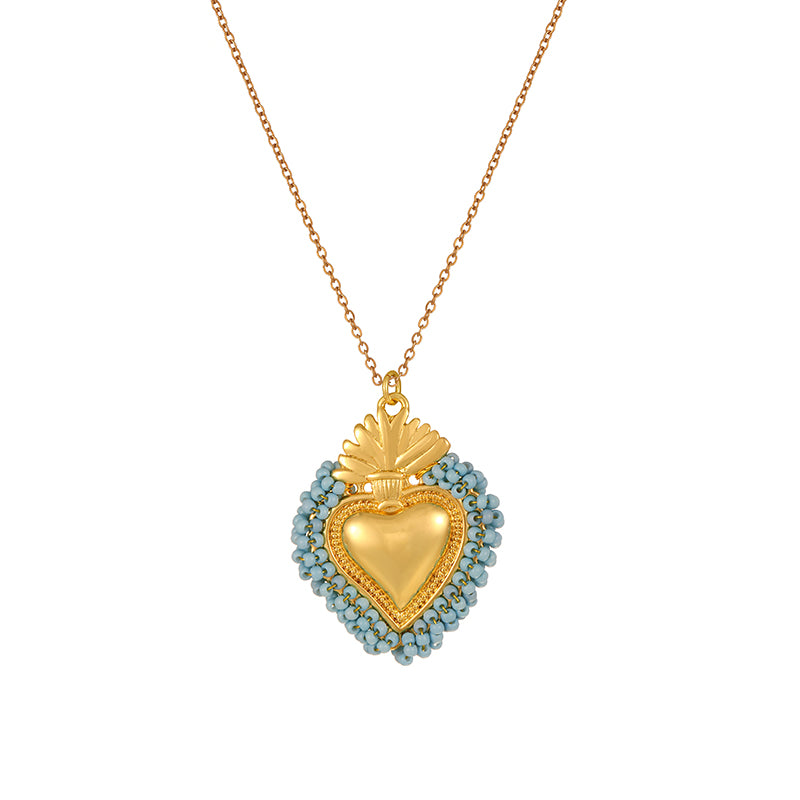 Color 1 Rice Bead Woven Heart Titanium Steel Necklace