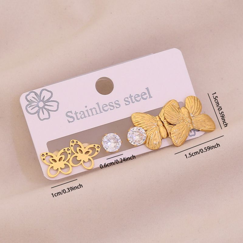 1#butterfly 304 Stainless Steel Diamond Butterfly Earring Set