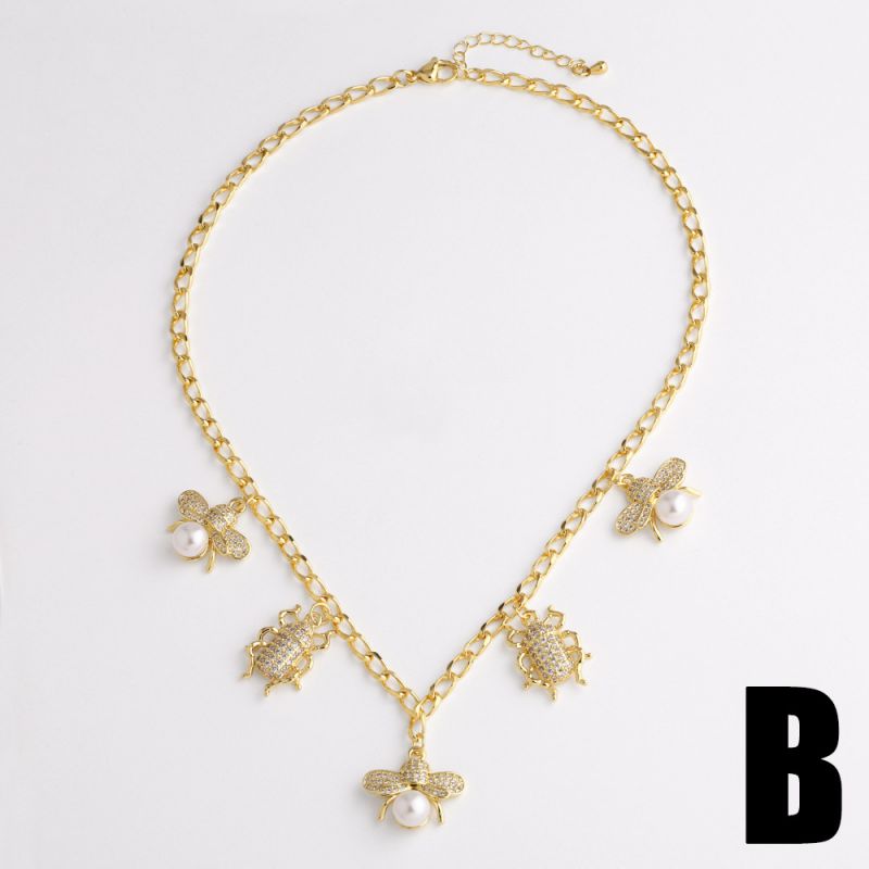 B Copper Gold-plated Diamond Insect Pendant Necklace