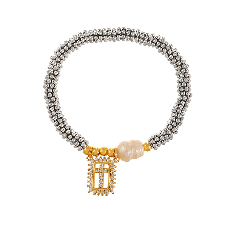 Silver 1 Copper And Zircon Square Cross Freshwater Pearl Beaded Bracelet