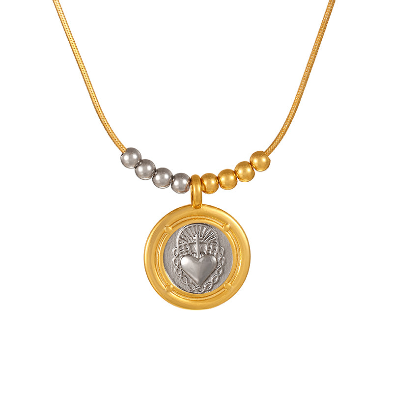 Gold 1 Titanium Steel Round Heart Beaded Colorblock Necklace