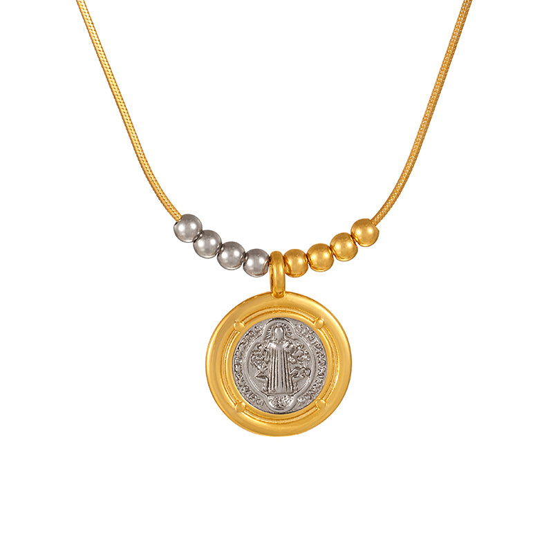 Gold 1 Titanium Steel Round Heart Beaded Colorblock Necklace