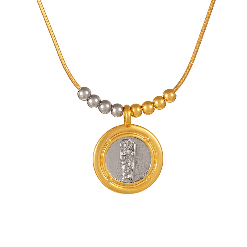 Gold 1 Titanium Steel Round Heart Beaded Colorblock Necklace