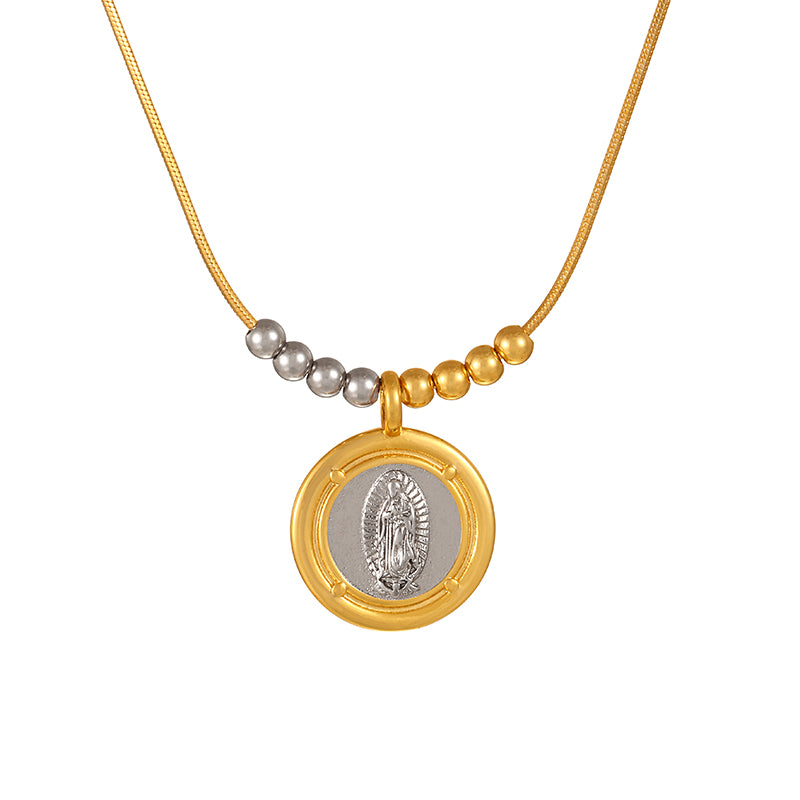 Gold 1 Titanium Steel Round Heart Beaded Colorblock Necklace