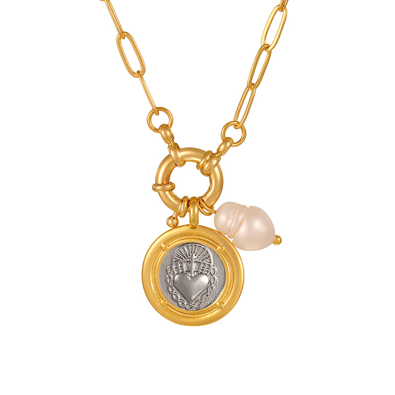 Gold 1 Titanium Steel Round Heart Freshwater Pearl Ring Necklace