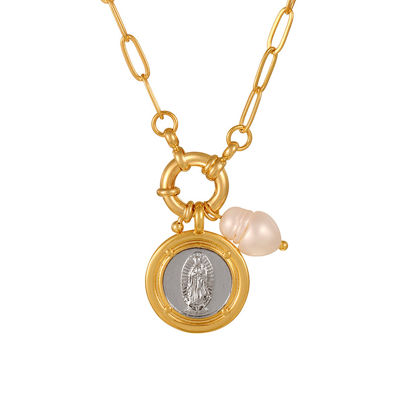 Gold 1 Titanium Steel Round Heart Freshwater Pearl Ring Necklace