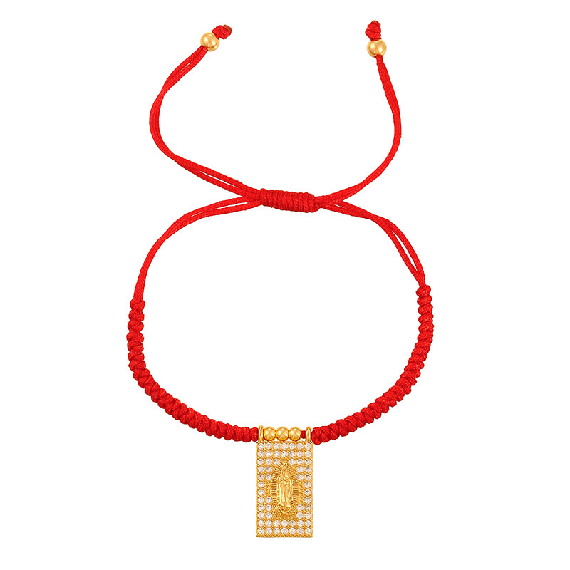 Red 1 Copper Inlaid Zircon Square Portrait Beaded Braided Bracelet