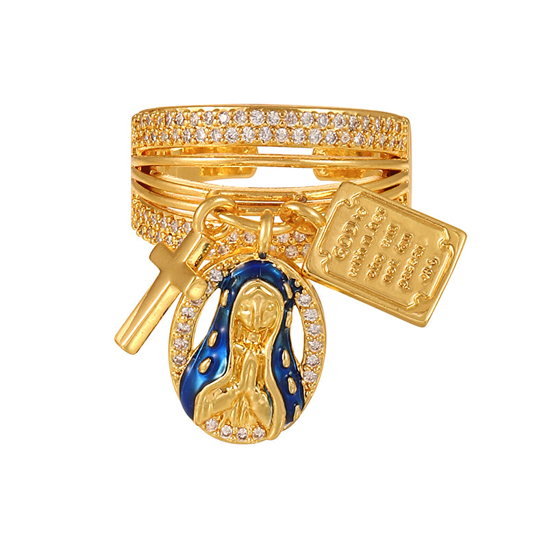 Gold Copper Inlaid Zircon Oil Dripping Religious Ring
