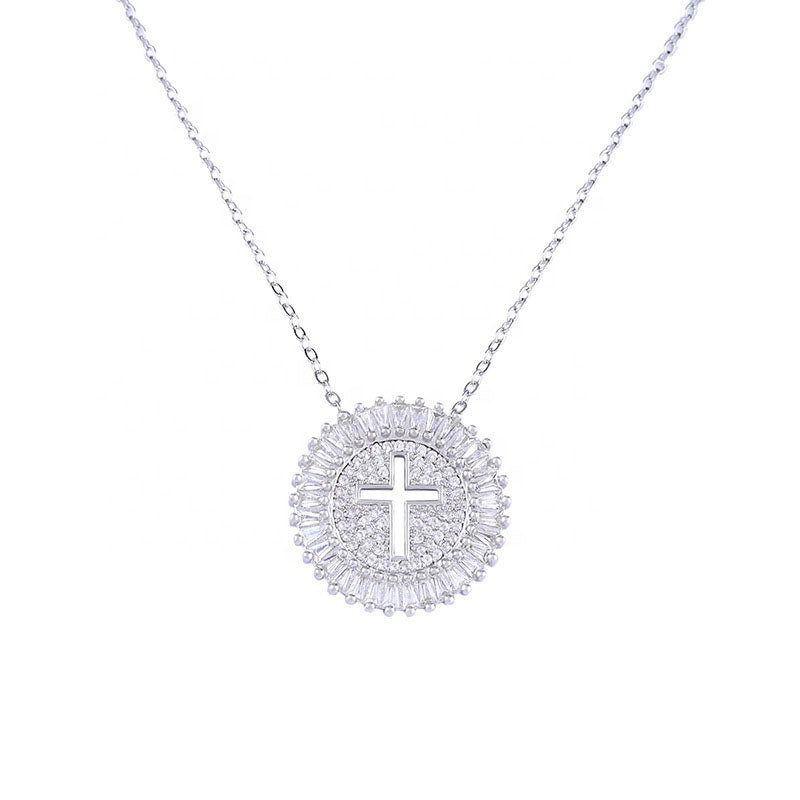 Silver Copper Diamond Cross Round Necklace
