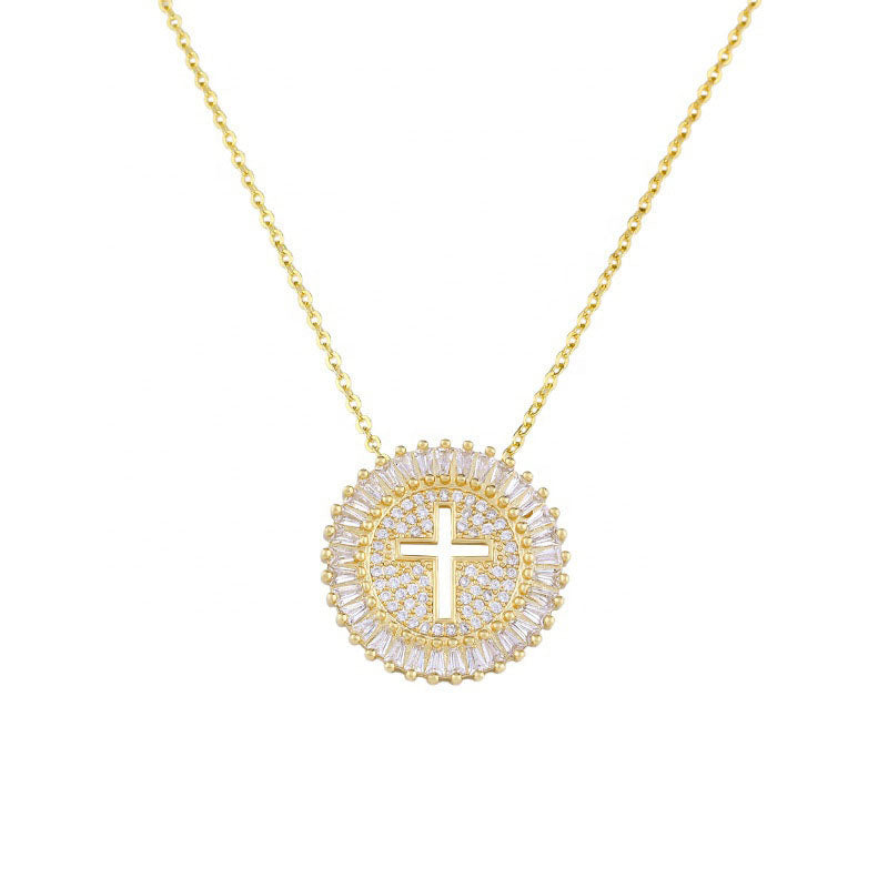 Silver Copper Diamond Cross Round Necklace