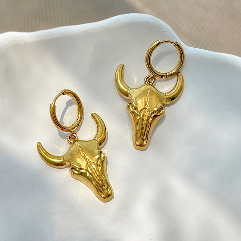 Gold Titanium Steel Bull Head Earrings