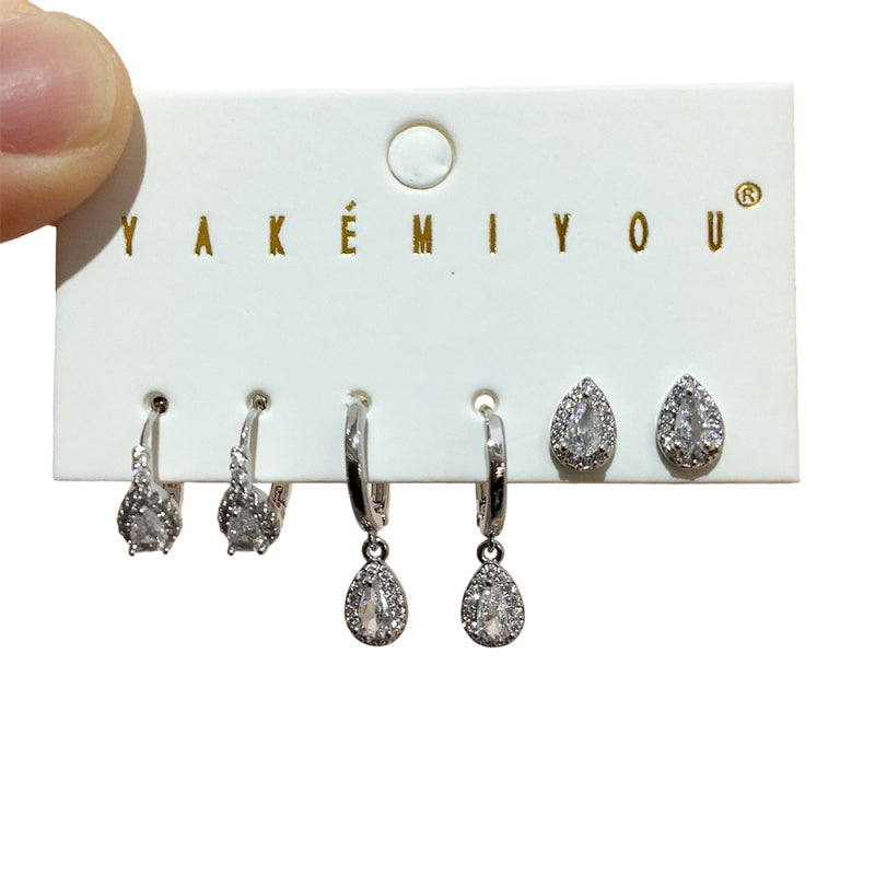 Silver 6-piece Copper And Zircon Teardrop Earring Set