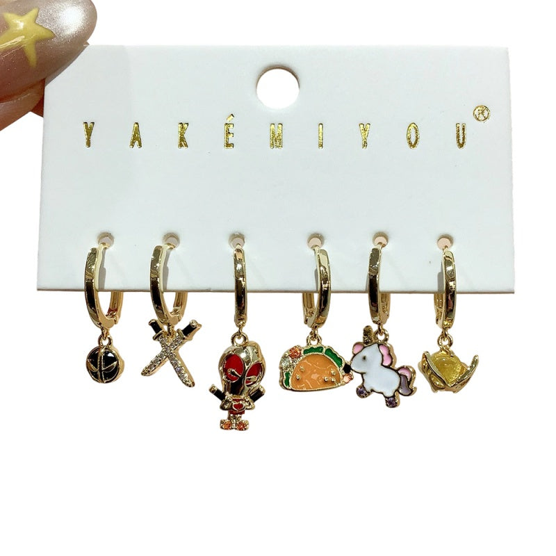 Gold Copper Inlaid Zircon Oil Drop Cartoon Earrings 6-piece Set