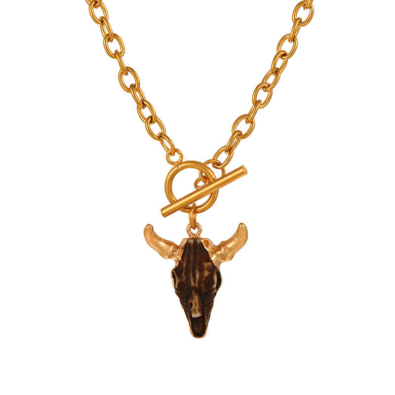Gold 1 Titanium Steel Bull Head Series Ring Buckle Necklace
