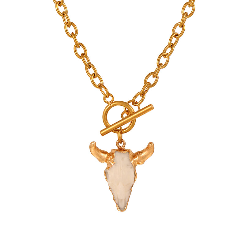 Gold 1 Titanium Steel Bull Head Series Ring Buckle Necklace